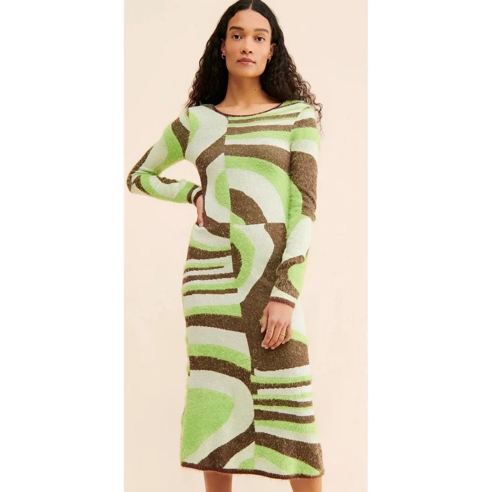 House of Sunny NWTSwirl Fuzzy Knit Midi Dress Green Brown Cut Out Back SIZE 10